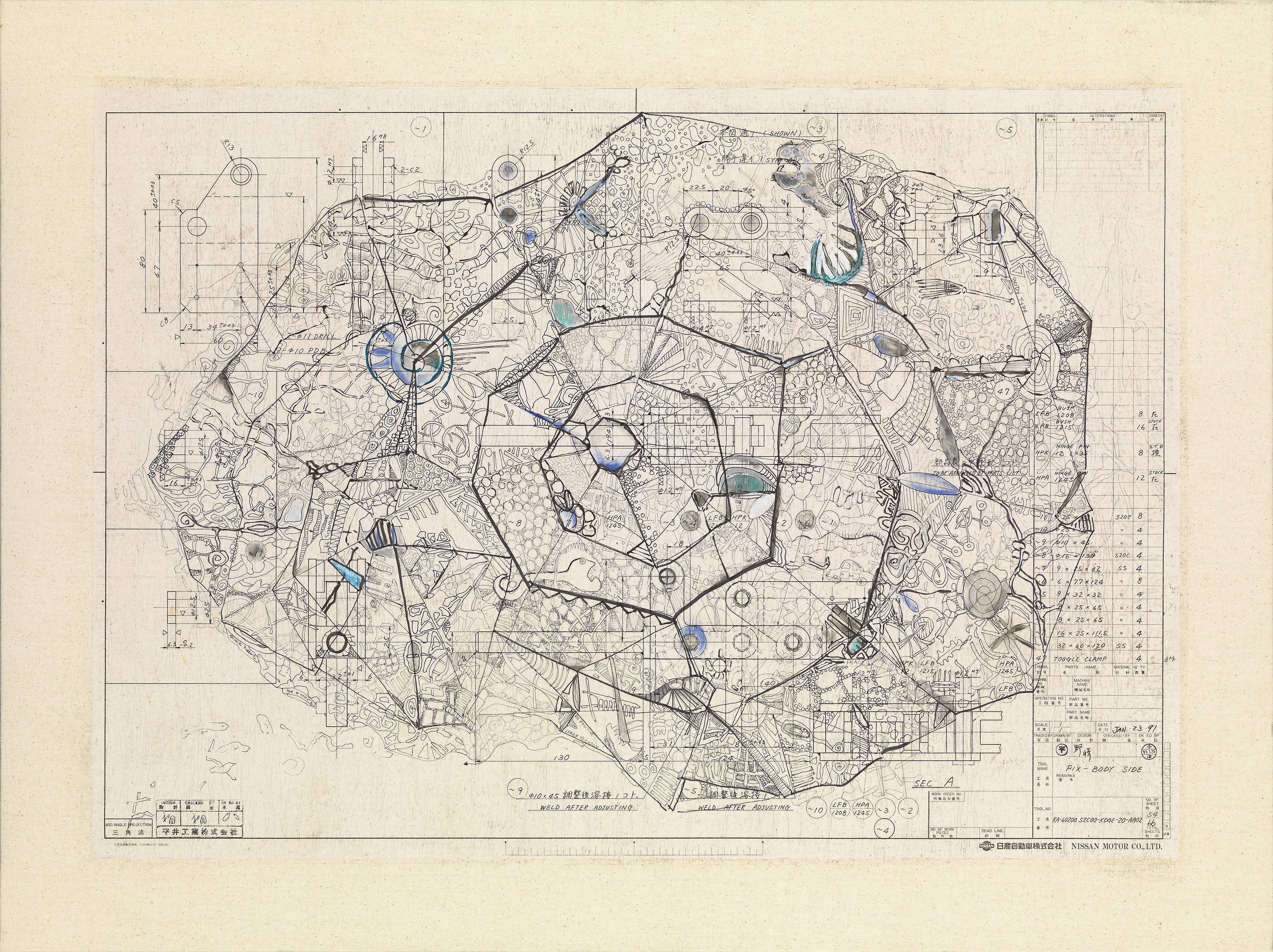 ink on old factory blueprint applied on canvas | 74 x 100 cm (29.1 x 39.4.4 in.)