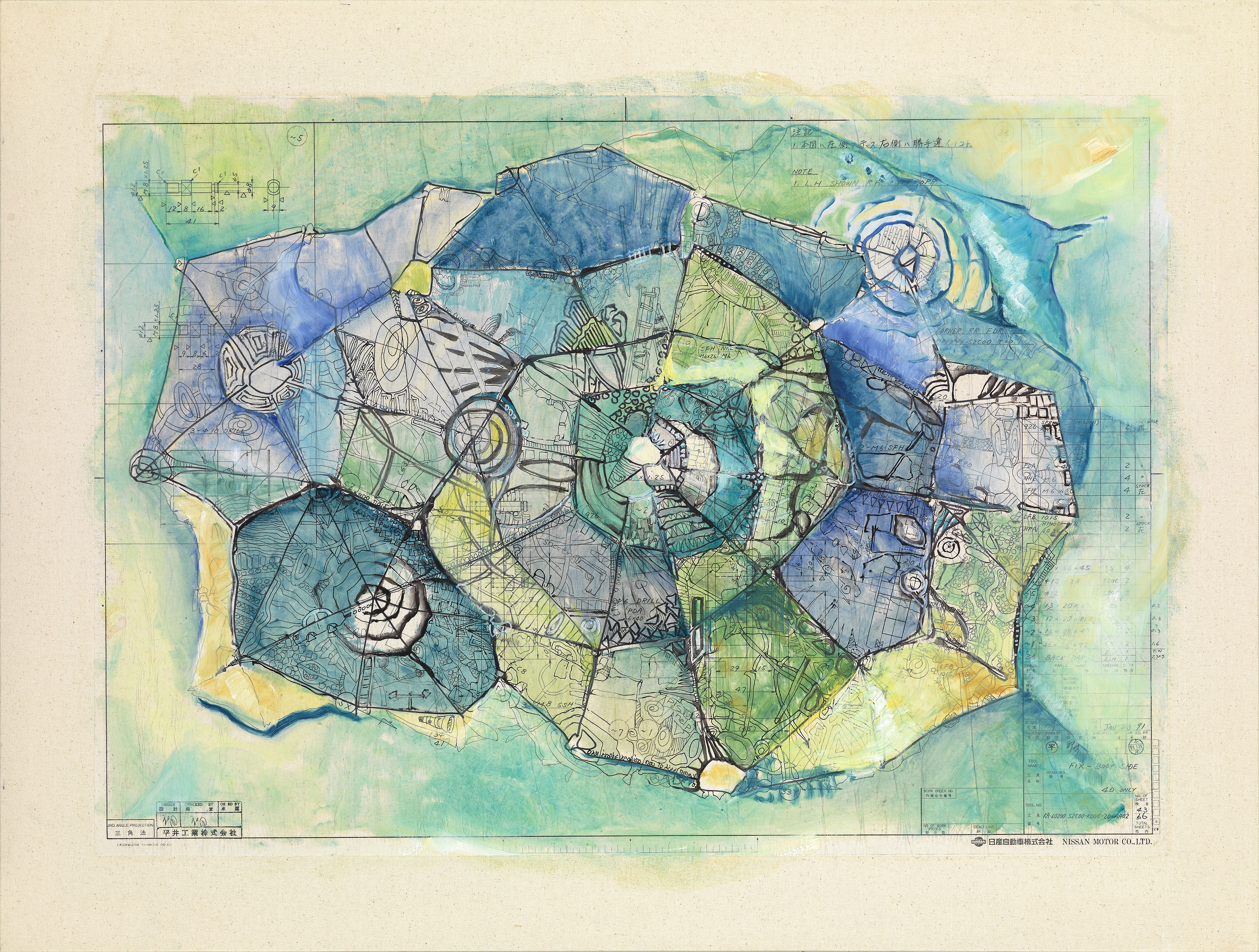 oil, ink, scripts on old factory blueprint applied on canvas | 75 x 100 cm (29.5 x 39.4.4 in.)