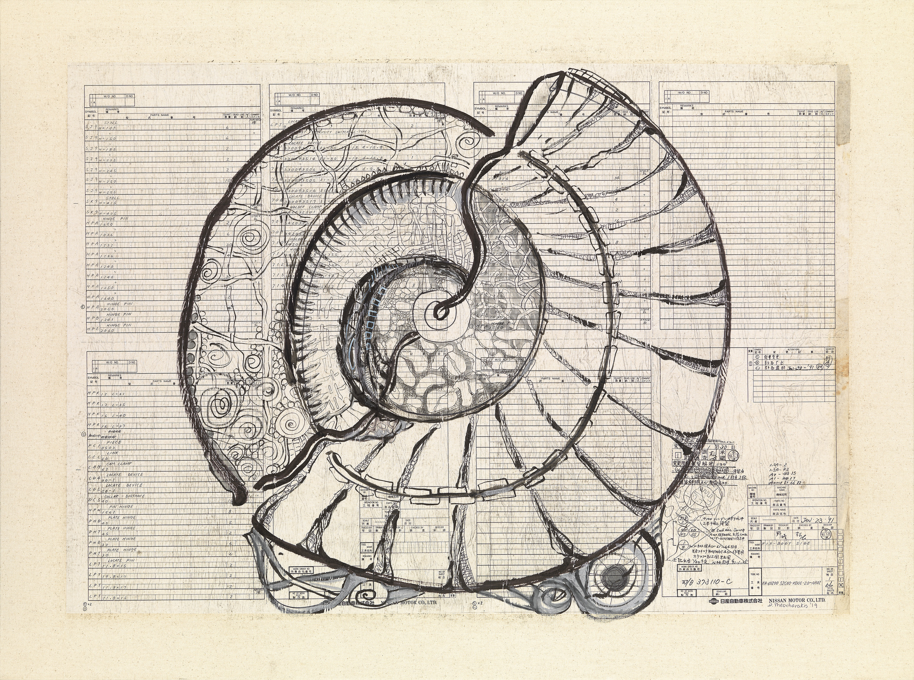 ink on old factory blueprint applied on canvas | 74 x 98 cm (29.1 x 38.6 in.)