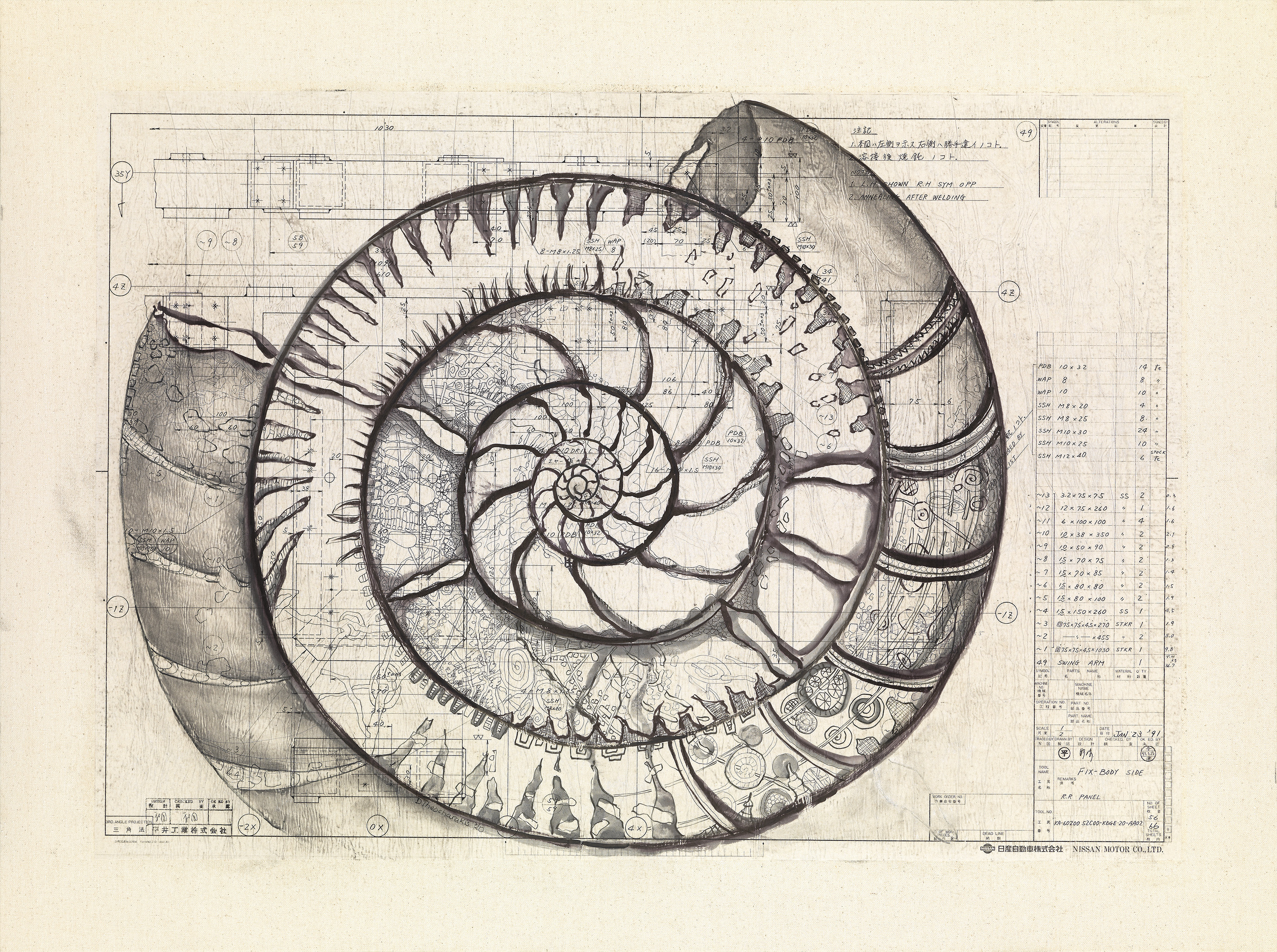 ink on old factory blueprint applied on canvas | 74 x 100 cm (29.1 x 39.4 in.)
